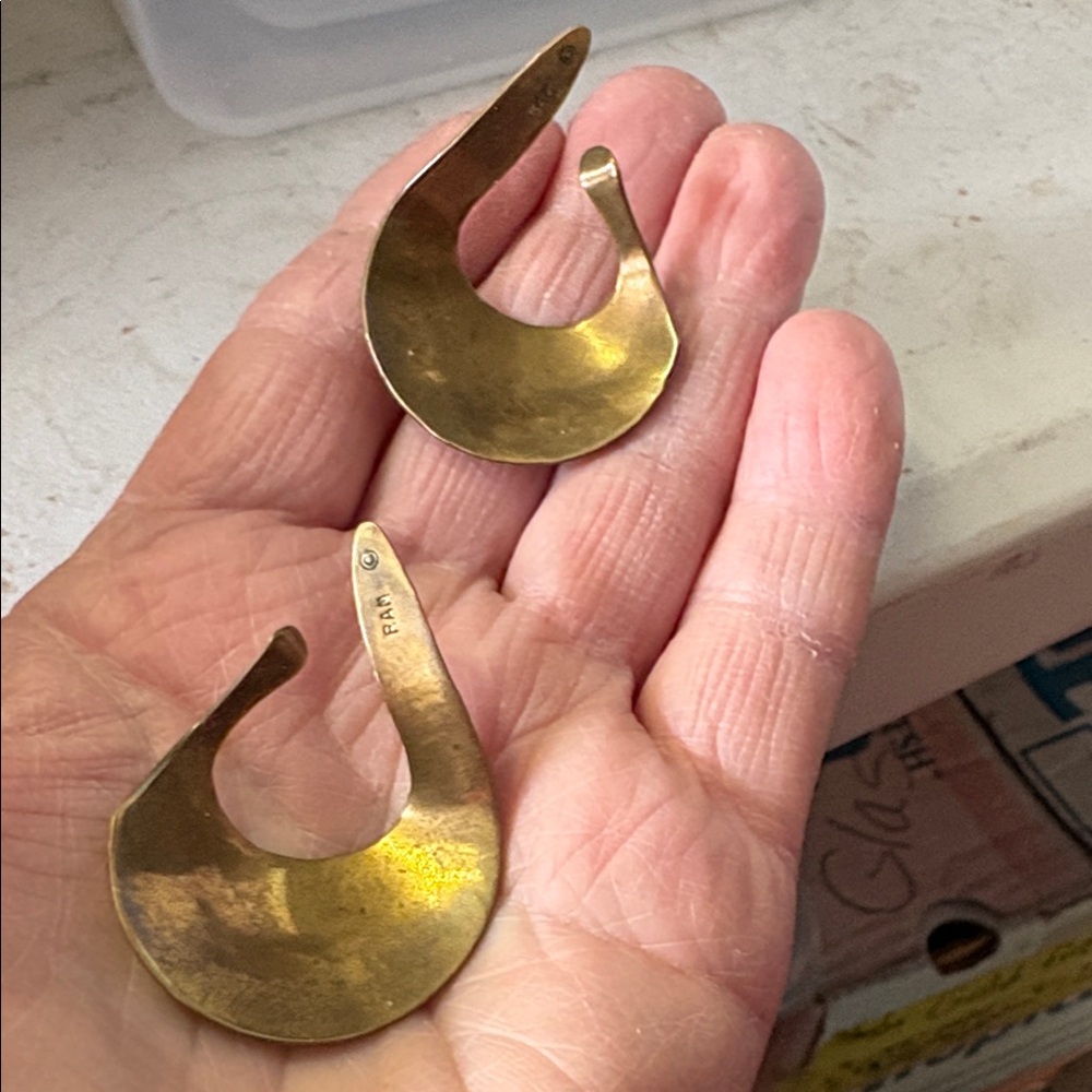 Brutalist Copper/Dripper Ear Rings Slings Signed RAM - Picture 5 of 7